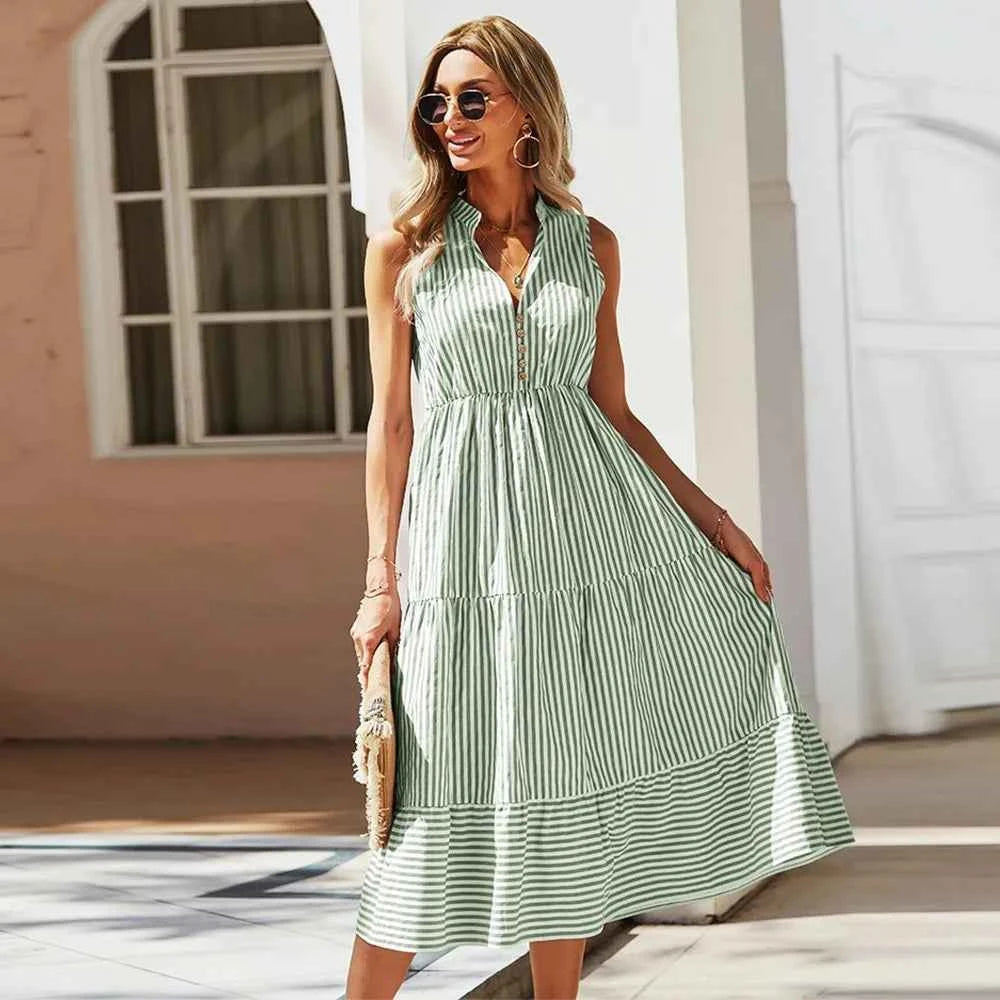 Mary | Stylish Striped Sleeveless Dress for Summer Green