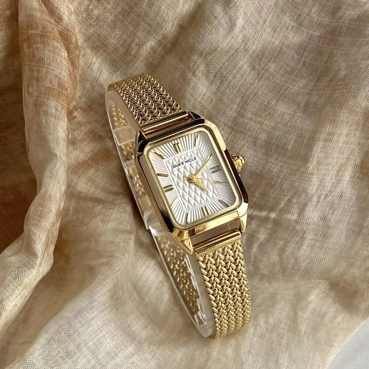 Geometric Rectangular Wristwatch with Mesh Band and Textured Dial White
