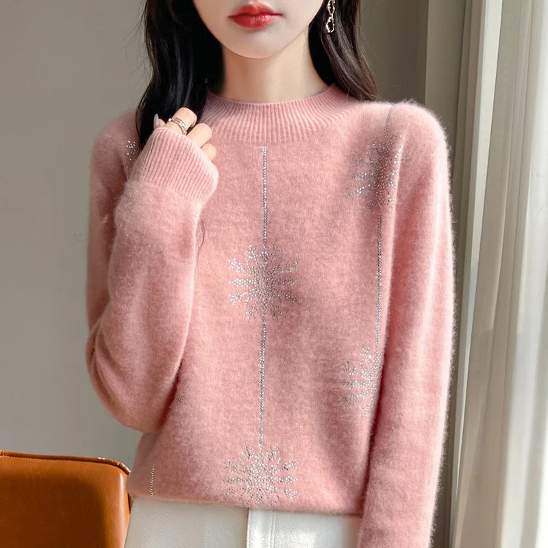 Women's Christmas Style Mock Neck Long Sleeve Warm Pullover Jumper Pink