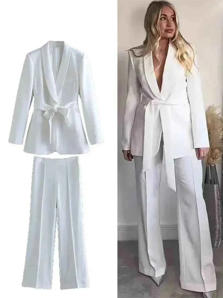 Women's Tailored Blazer Pantsuit - Shawl Collar, High Waist, Straight Legs
