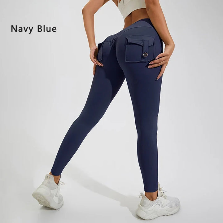 Women's Breathable Yoga Pants with Butt Pocket, Nylon Sports Leggings Navy Blue