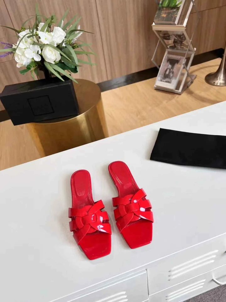 Genuine Leather Square Toe Summer Slides Red
