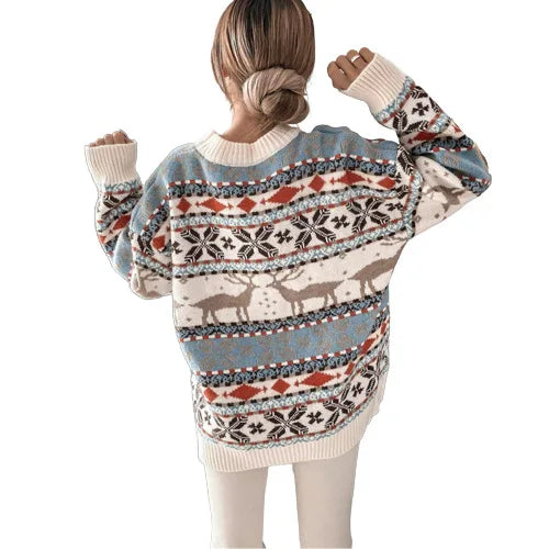 Women's Winter Christmas Sweater - Jacquard Knitted Deer Print Pullover