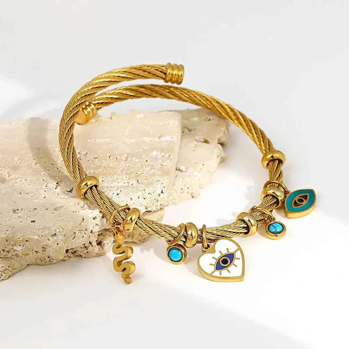 Open Cuff Bracelet with Evil Eye and Heart Charms