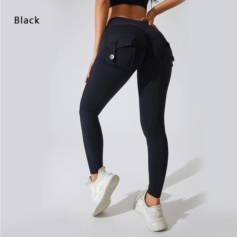 Women's Breathable Yoga Pants with Butt Pocket, Nylon Sports Leggings Black