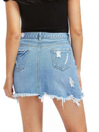 Women's Distressed Denim Mini Skirt with Fringe Hem - Casual Slim Fit