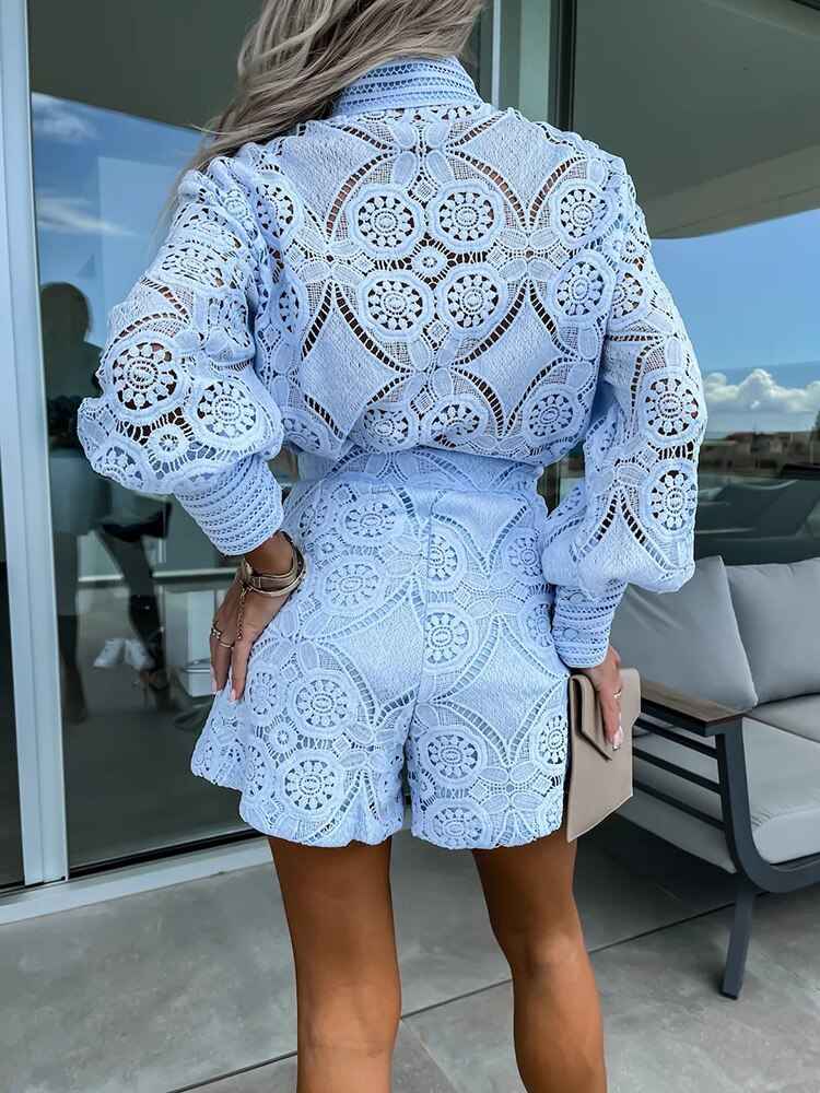 Women's Elegant Lace Blouse with Long Sleeves & High Waist Shorts Set Light Blue