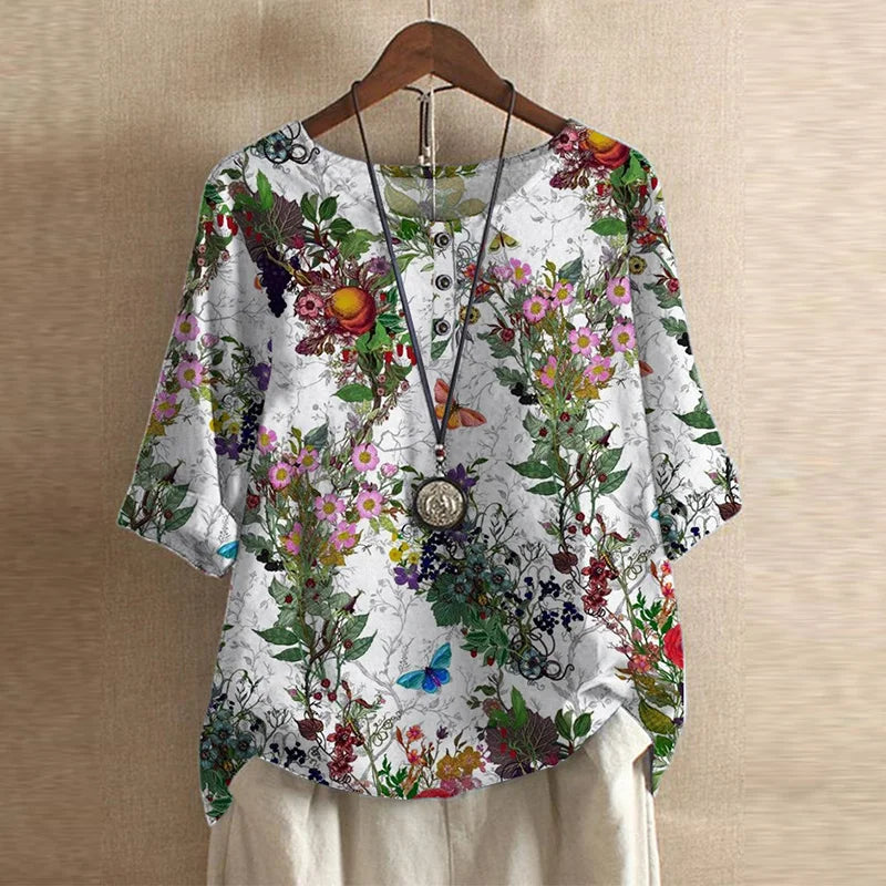 Women's Casual Retro-Inspired Blouse White Flowers