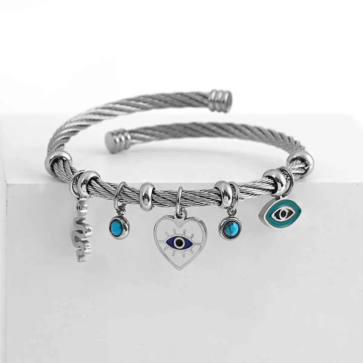 Open Cuff Bracelet with Evil Eye and Heart Charms Silver