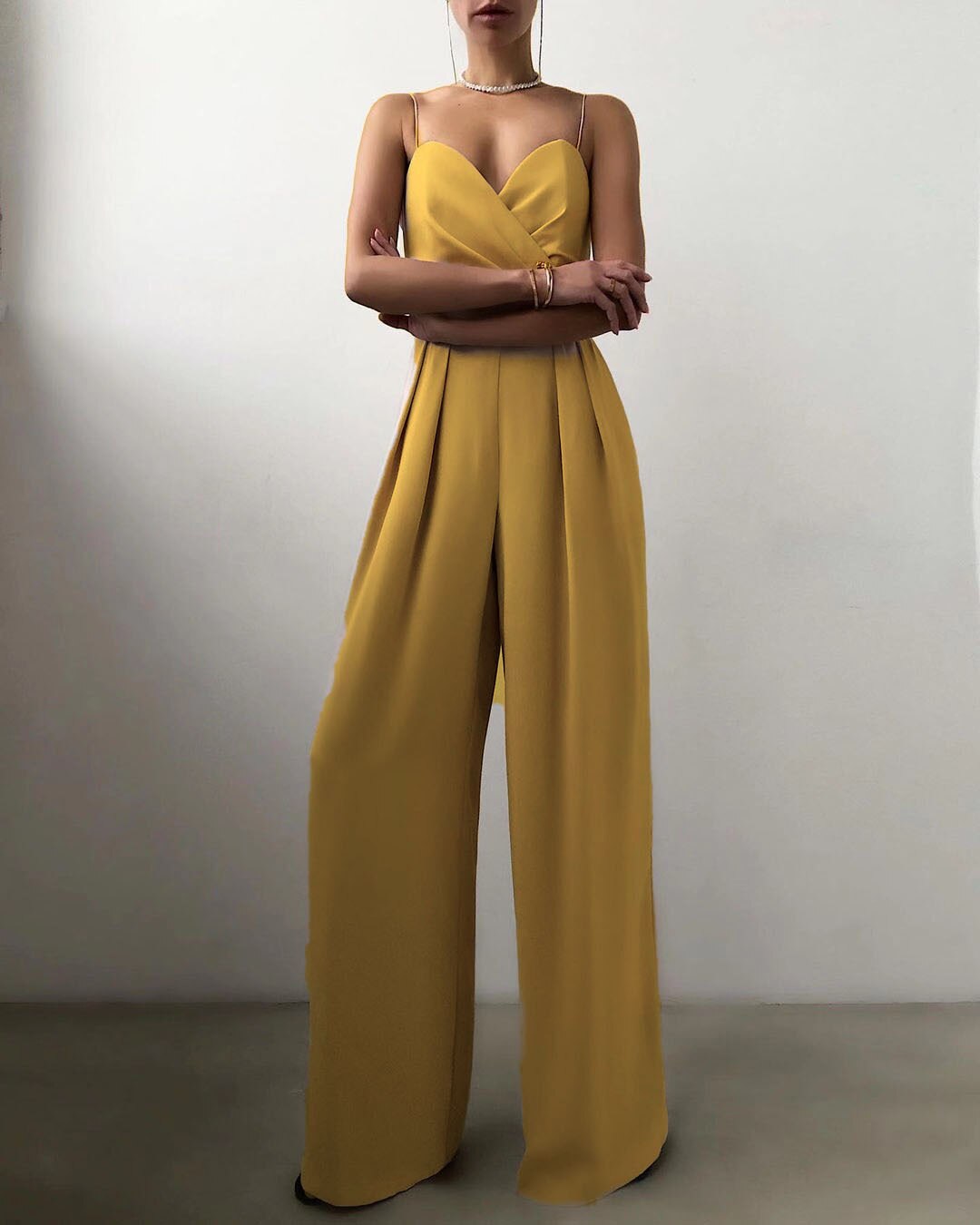 Women's Elegant V-Neck Wrap Jumpsuit with Spaghetti Straps and Wide Legs Yellow