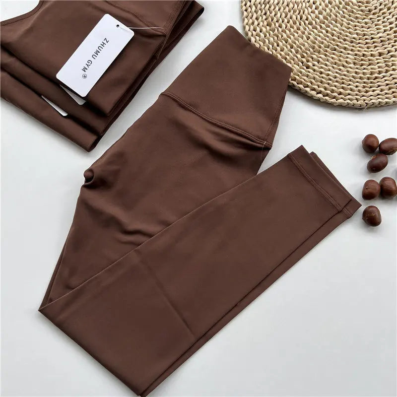Women's High Waist Seamless Yoga Leggings for Fitness and Running Chestnut