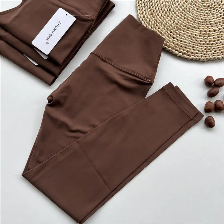 Women's High Waist Seamless Yoga Leggings for Fitness and Running Chestnut