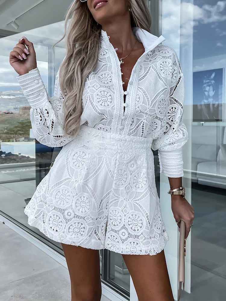 Women's Elegant Lace Blouse with Long Sleeves & High Waist Shorts Set