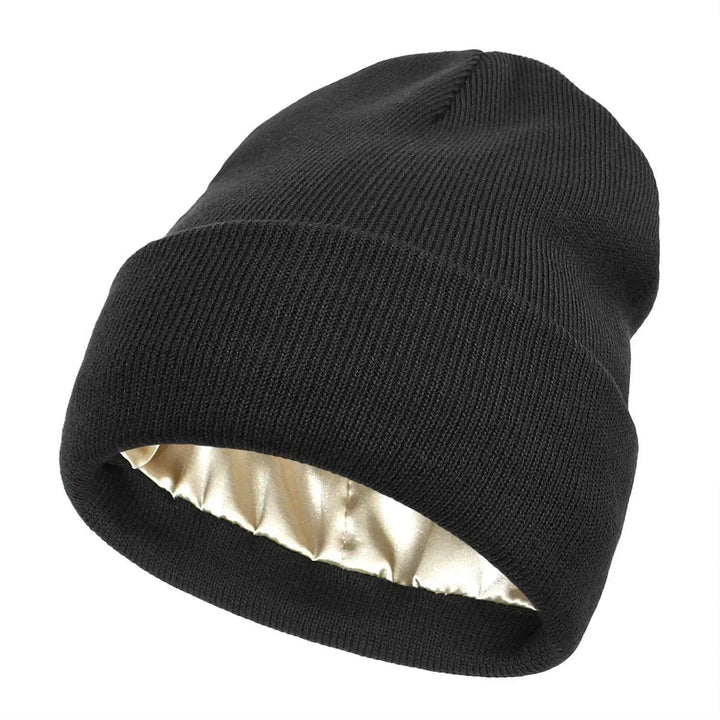 Wool Blend Ribbed Cuffed Beanie | Satin Lined for Comfort Classic Black