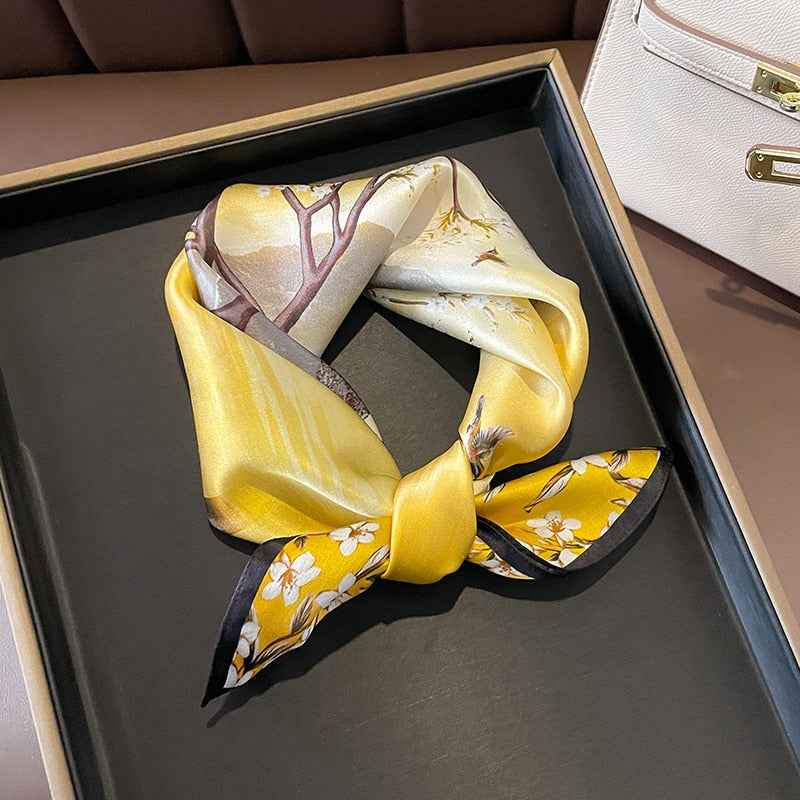 Women's Yellow Floral Print Silk Square Scarf Medium