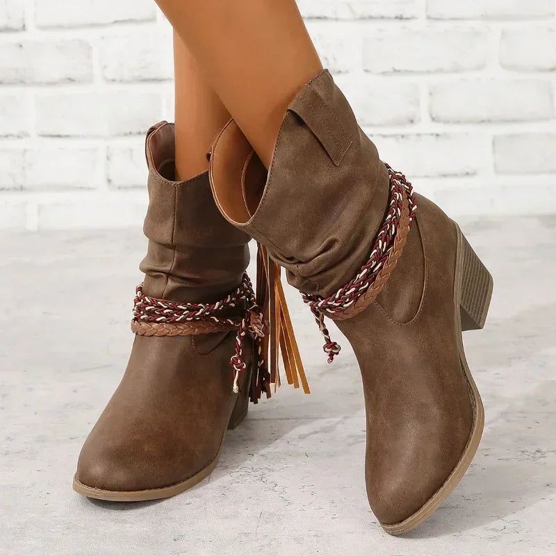 Women's Block Heel Western Style Boots Dark Brown A
