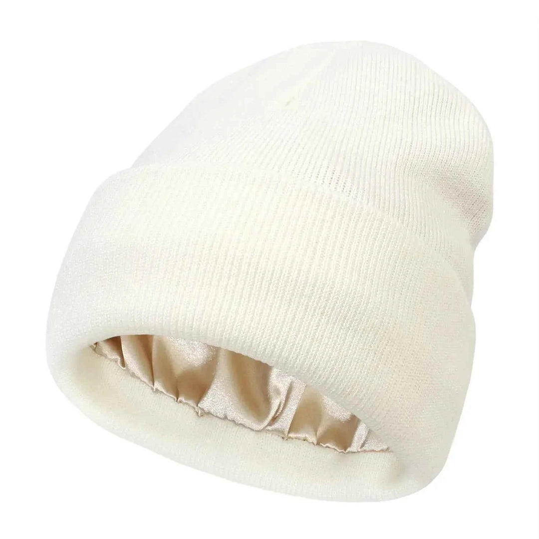 Wool Blend Ribbed Cuffed Beanie | Satin Lined for Comfort White