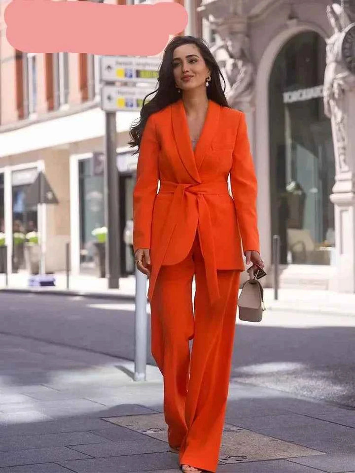 Women's Tailored Blazer Pantsuit - Shawl Collar, High Waist, Straight Legs