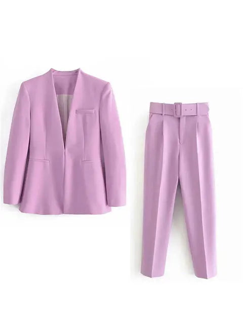 Women's Tailored Blazer and High Waist Trouser Suit Set Lilac