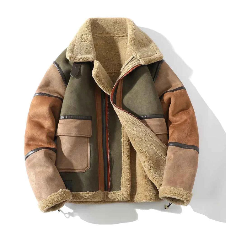 Men's Faux Suede Relaxed Fit Bomber Jacket with Shearling Trim and Color Block Design Emerald Green