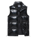 Men's Black Duck Down Quilted Mandarin Collar Full Zip Vest Black
