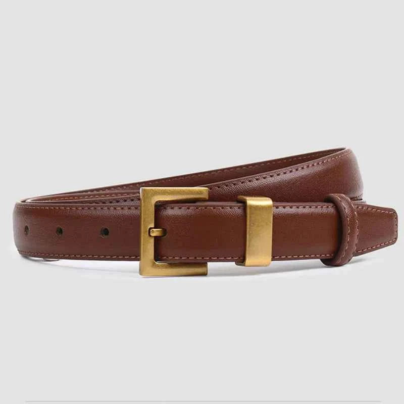 Adjustable Fit Square Buckle Slim Strap Belt Brown
