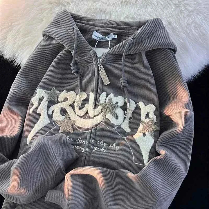 Hoodie Women Harajuku Zip-Up Embroidered Hoodie – Oversized Streetwear