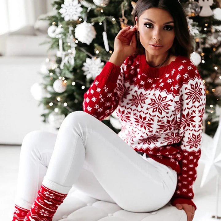 Women's Christmas Snowflake Knitted Long Sleeve O Neck Jumper red neck