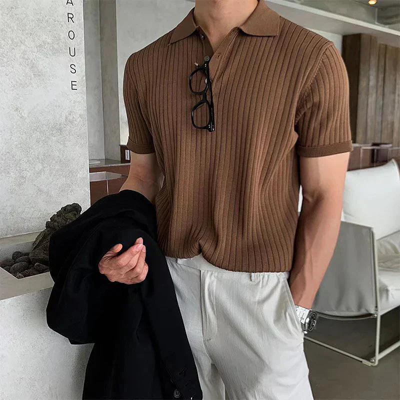 Men's Slim Fit Polo Shirt – Ribbed Fabric – Short Sleeve – Breathable & Stylish Brown