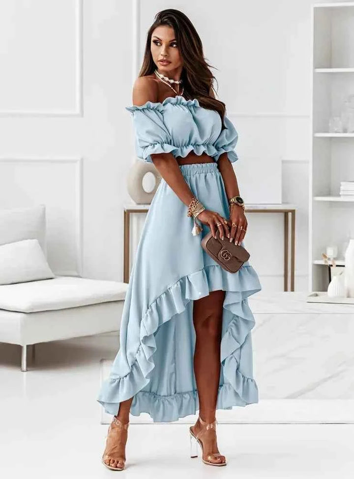 Women's Off-Shoulder Ruffle Crop Top and High-Waist Skirt Set – Elegant Two-Piece Outfit Blue