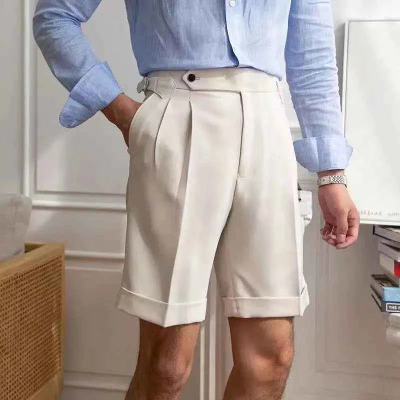 Men's Tailored Fit Shorts – Natural Fabric – Pleated Front – Turned-Up Hem White
