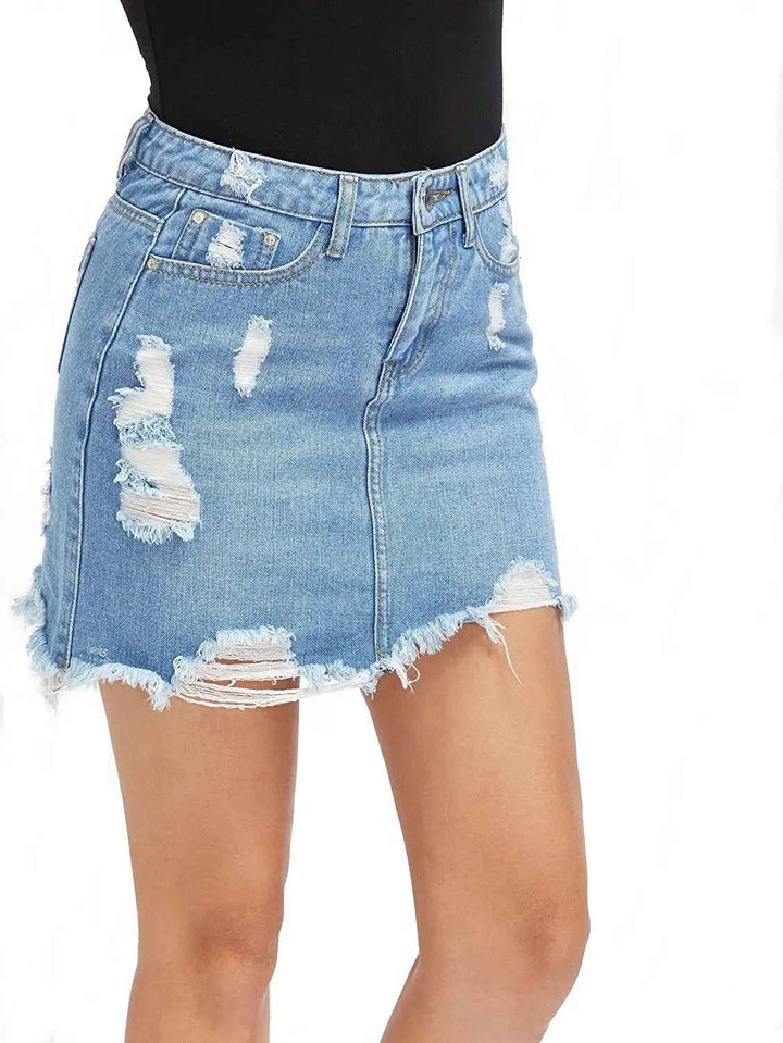 Women's Distressed Denim Mini Skirt with Fringe Hem - Casual Slim Fit