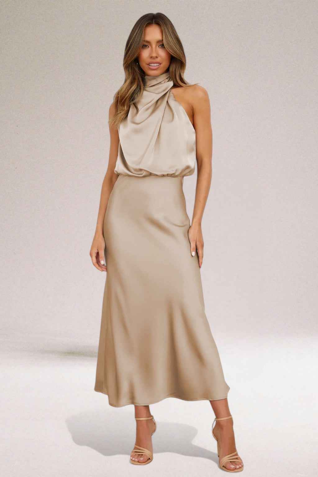 Flavia | Glamorous Dress with Halter Neckline Beige