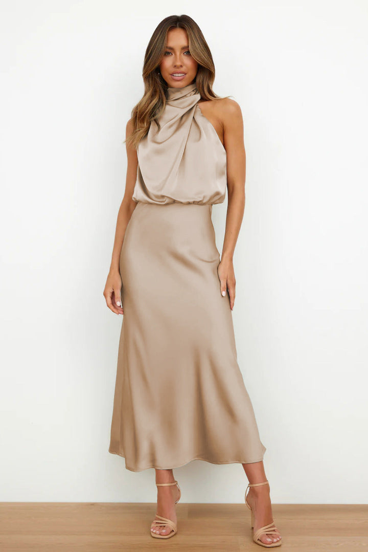 Women's Long Satin Halterneck Dress Champagne