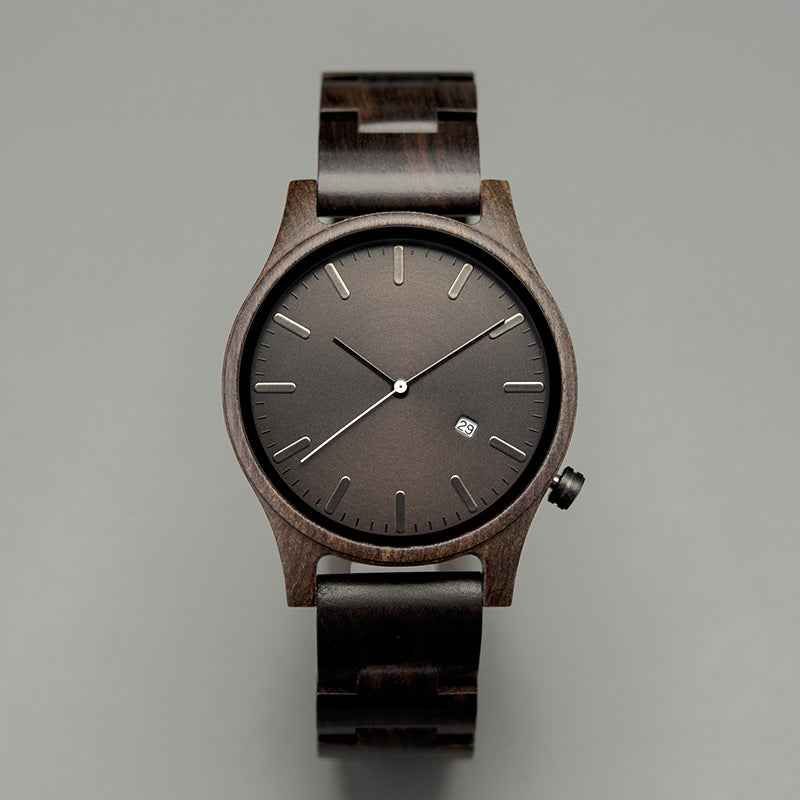 Wooden Striped Dial Date Wristwatch Dark Wood