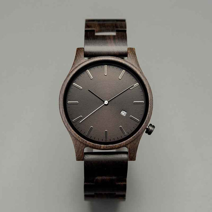 Wooden Striped Dial Date Wristwatch Dark Wood