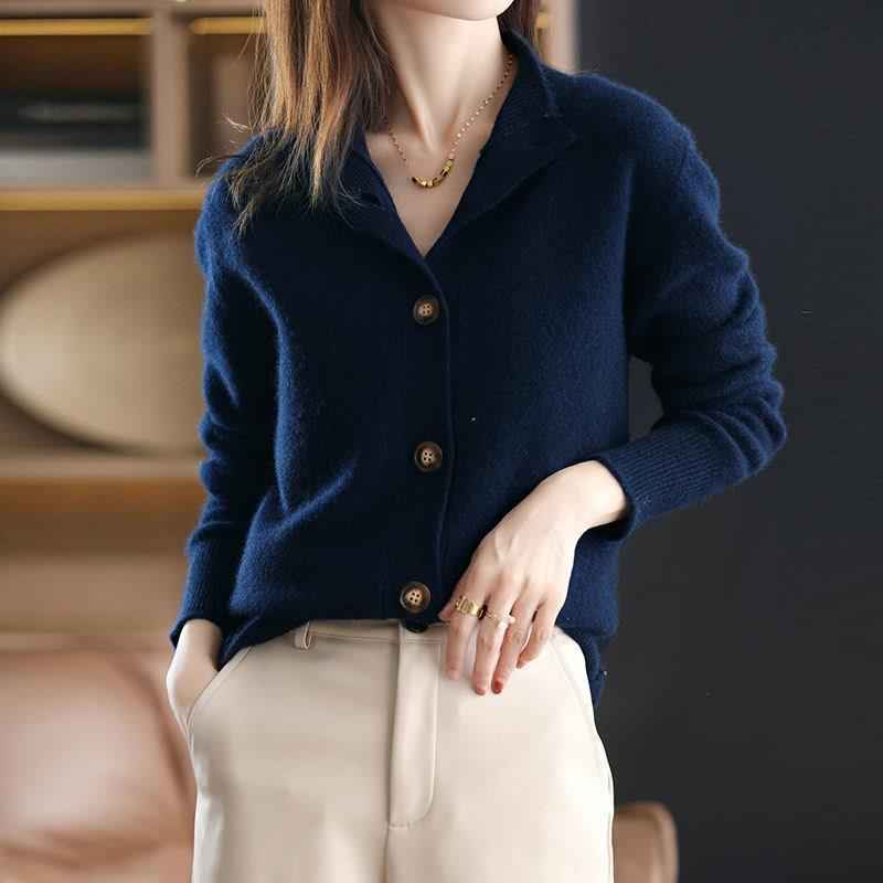 Women's Relaxed Fit Mock Neck Button Front Cardigan Navy Blue