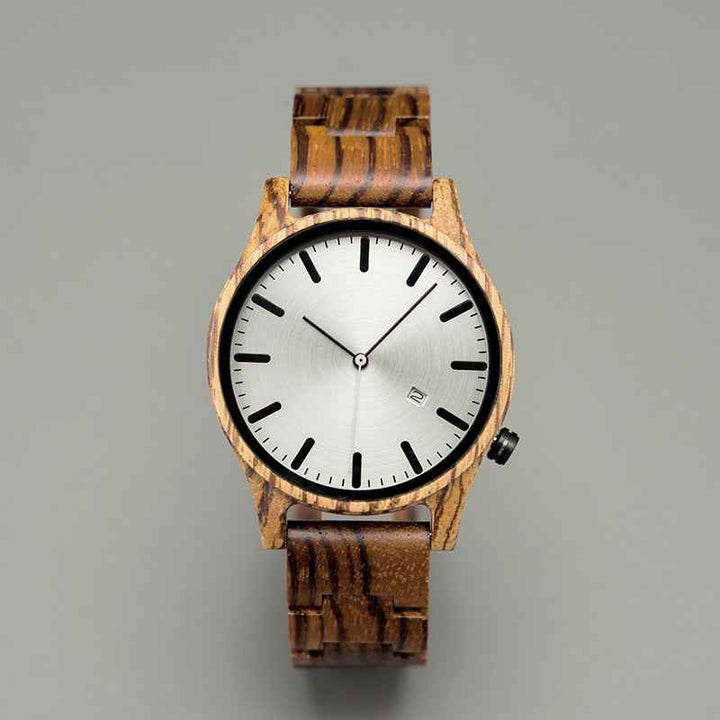 Wooden Striped Dial Date Wristwatch Silver Walnut