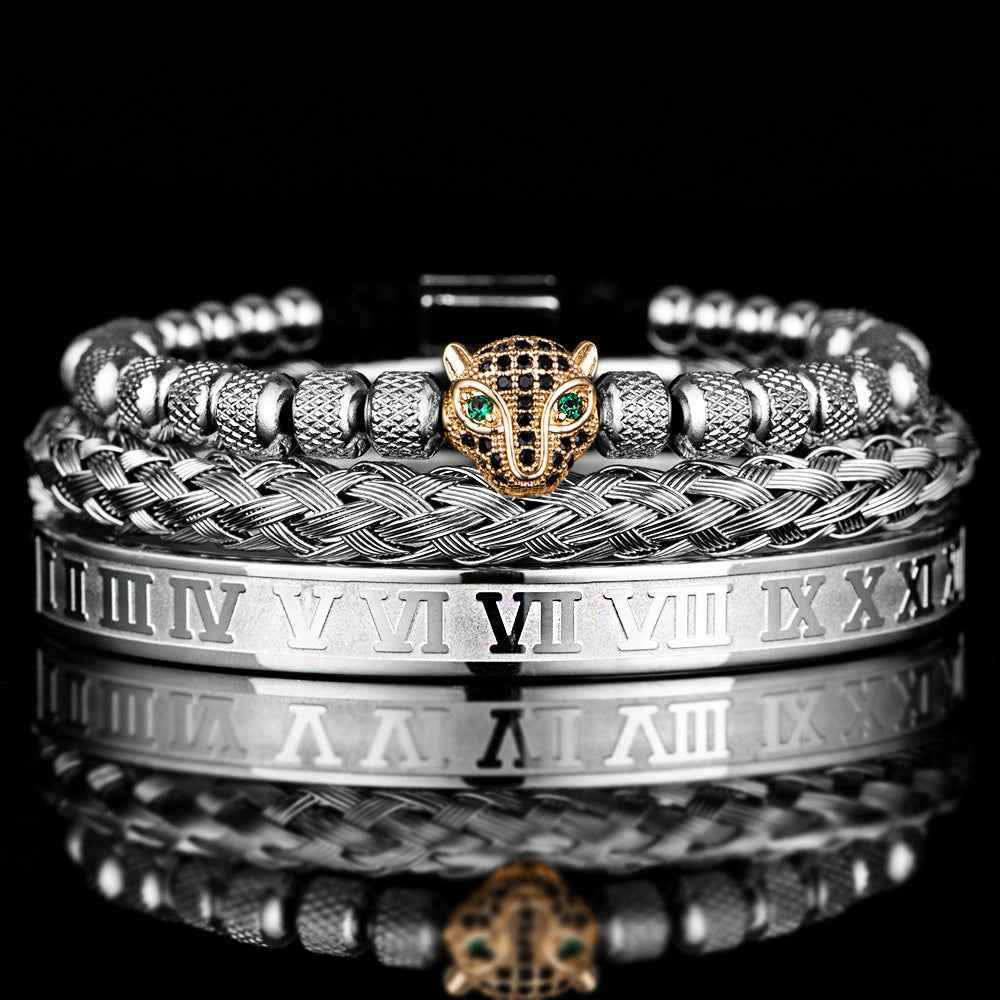 Three-Piece Panther Head Charm Braided Bracelet Set Silver Gold