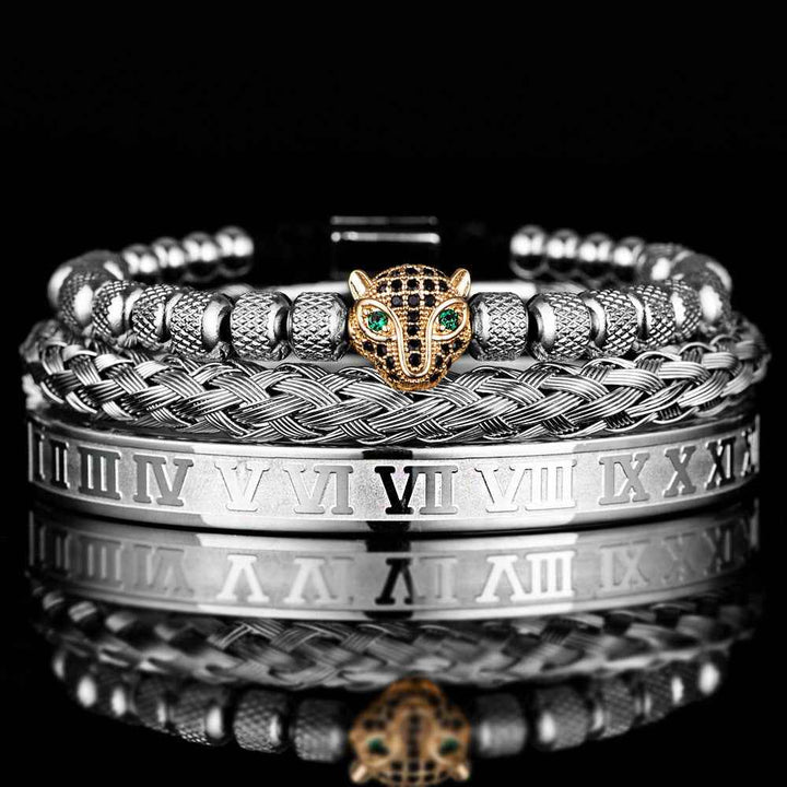 Three-Piece Panther Head Charm Braided Bracelet Set Silver Gold