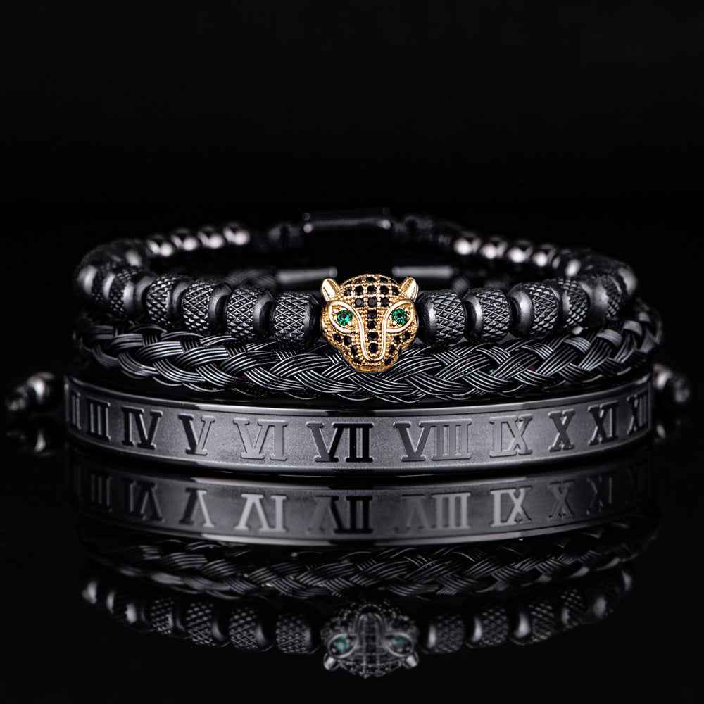 Three-Piece Panther Head Charm Braided Bracelet Set Black Gold