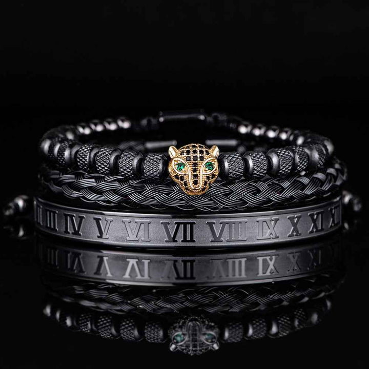 Three-Piece Panther Head Charm Braided Bracelet Set Black Gold