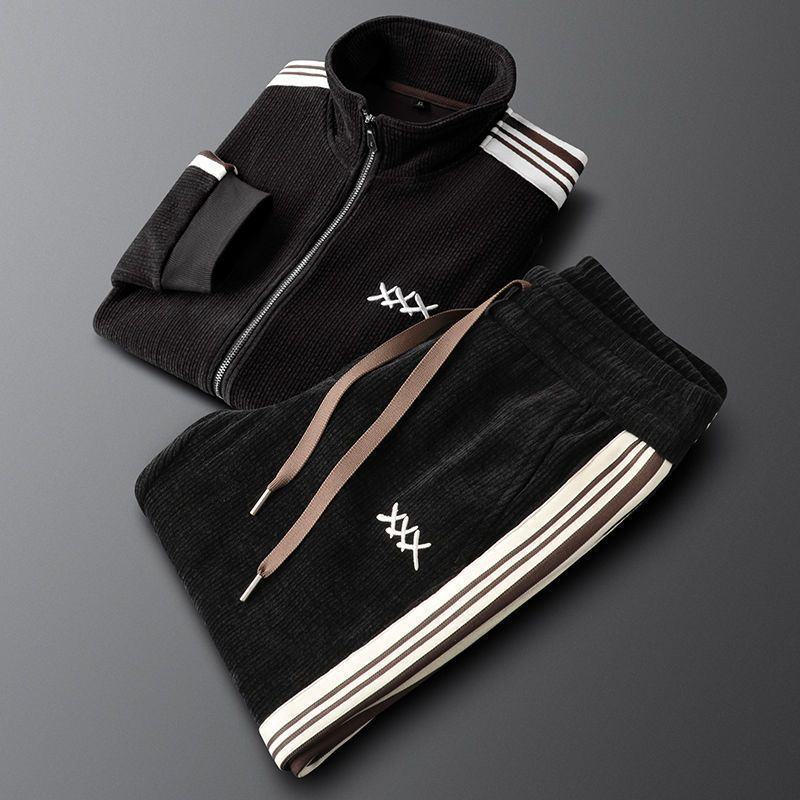 Trendy Corduroy Tracksuit Set Deep Black