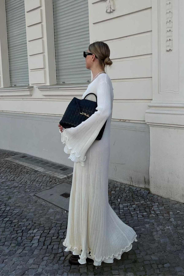 Clay | Women's Long Elegant Ruffle Dress with Flared Hem White