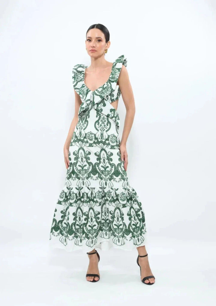 Amalia | Women's Long Cotton Summer Dress with Open Back – White-Green