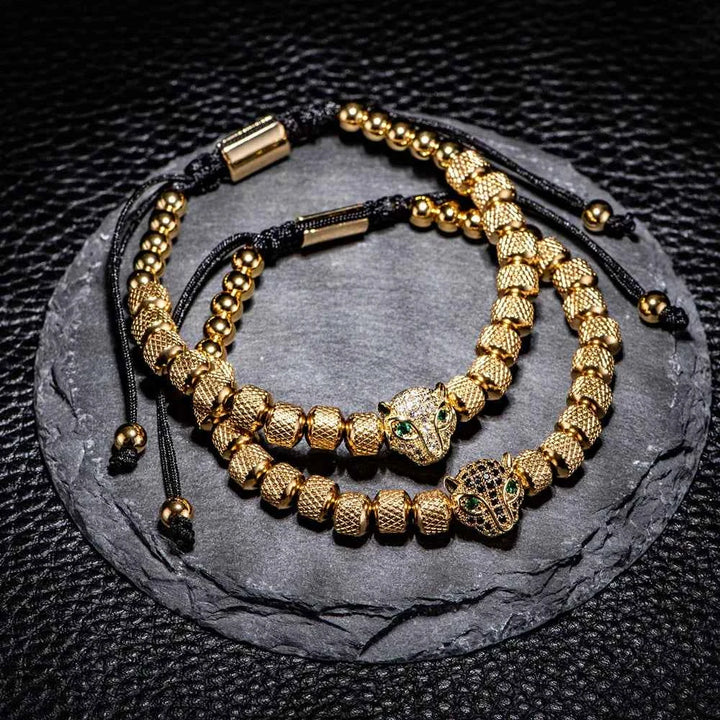 Three-Piece Panther Head Charm Braided Bracelet Set