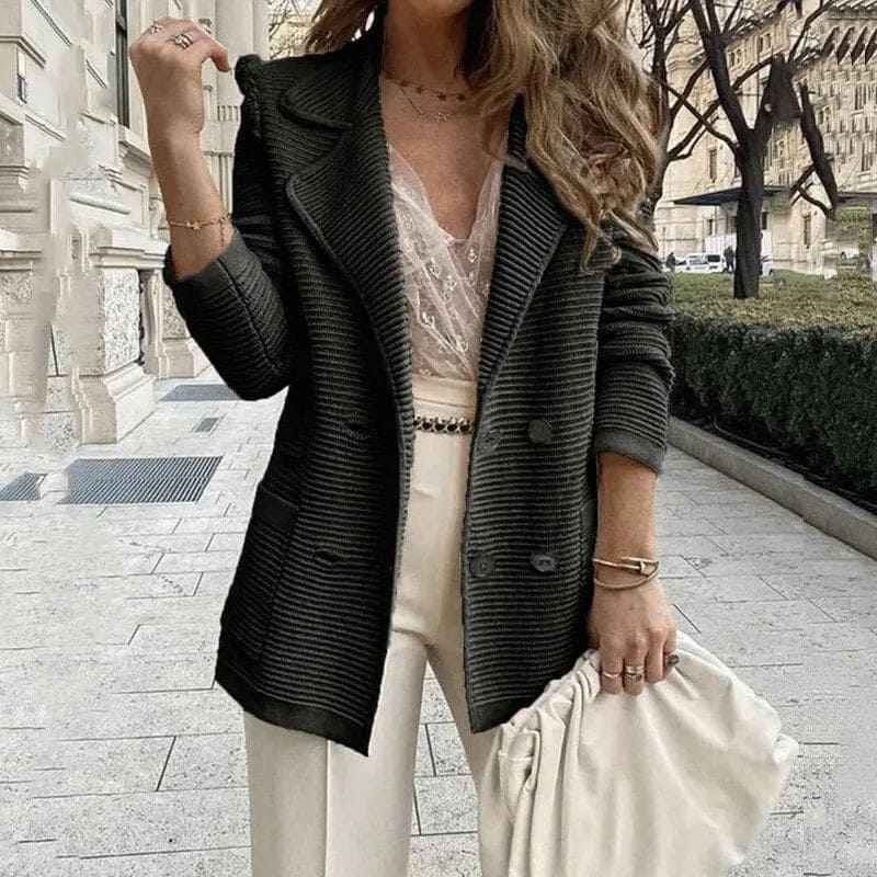 Women's Fitted Blazer - Double Button Design - Ribbed Texture - Classic Lapel Black