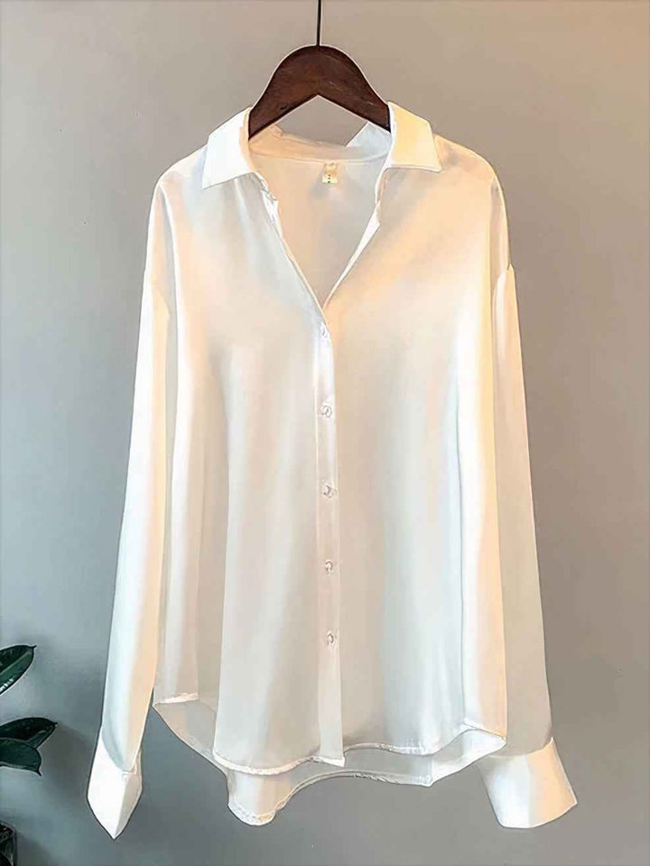Women's Satin Long Sleeve Blouse with Button Collar White