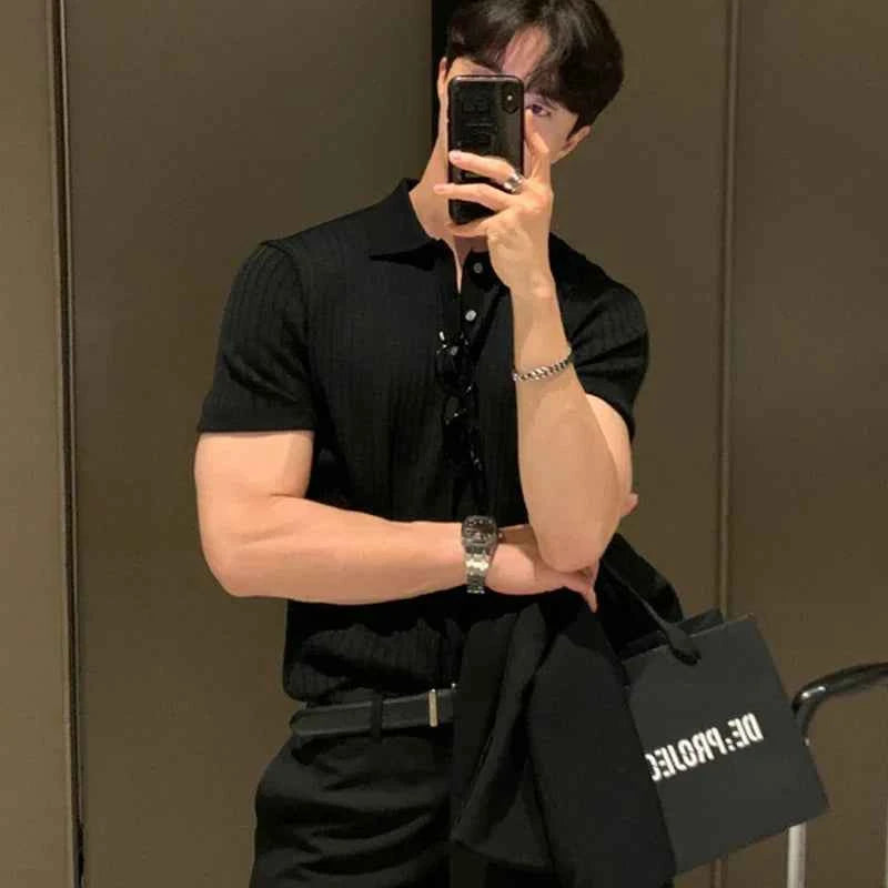 Men's Classic Striped Polo Shirt with Revere Collar Black