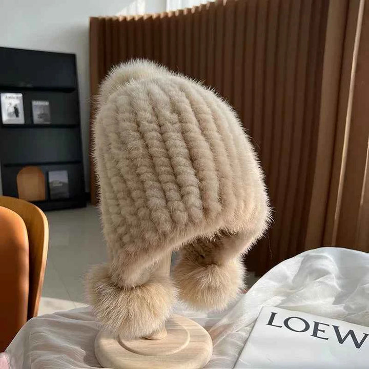 Ribbed Snug Fit Beanie Hat with Pom-Pom Earflaps Beige